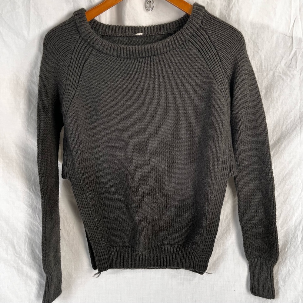 Lululemon Yin To You Sweater Heathered Dark Wren Merino Wool Crew Neck Side Slit
